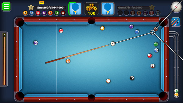 8 Ball Pool Mod game showing long lines and mod menu