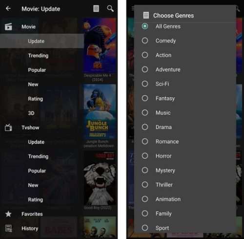 Movie HD navigation Menu and Genres List