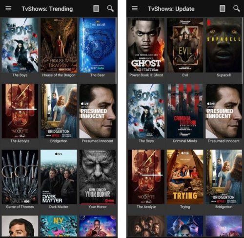 Movie HD app showing TV Shows list with Trending and Updated titles