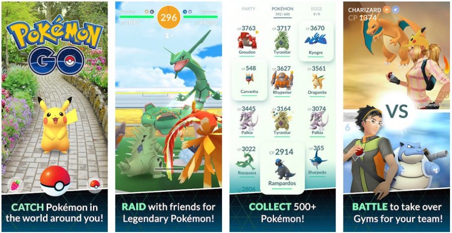 screenshots showing Pokemon Go mod apk with joystick, menu, and auto walk