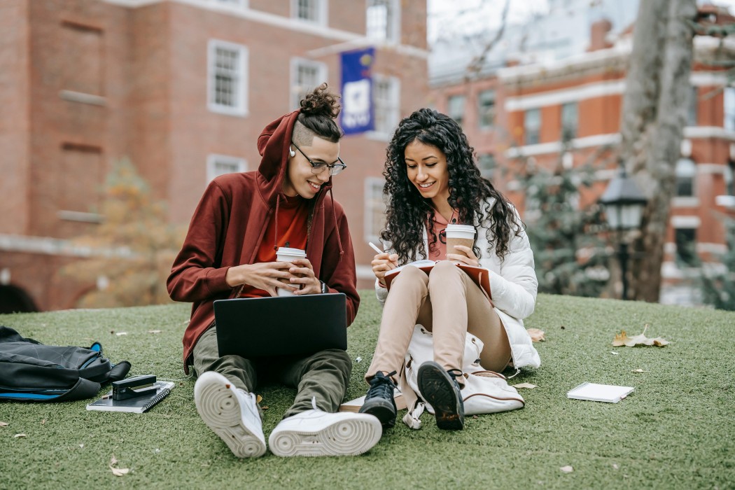 students studying outdoor on lawn